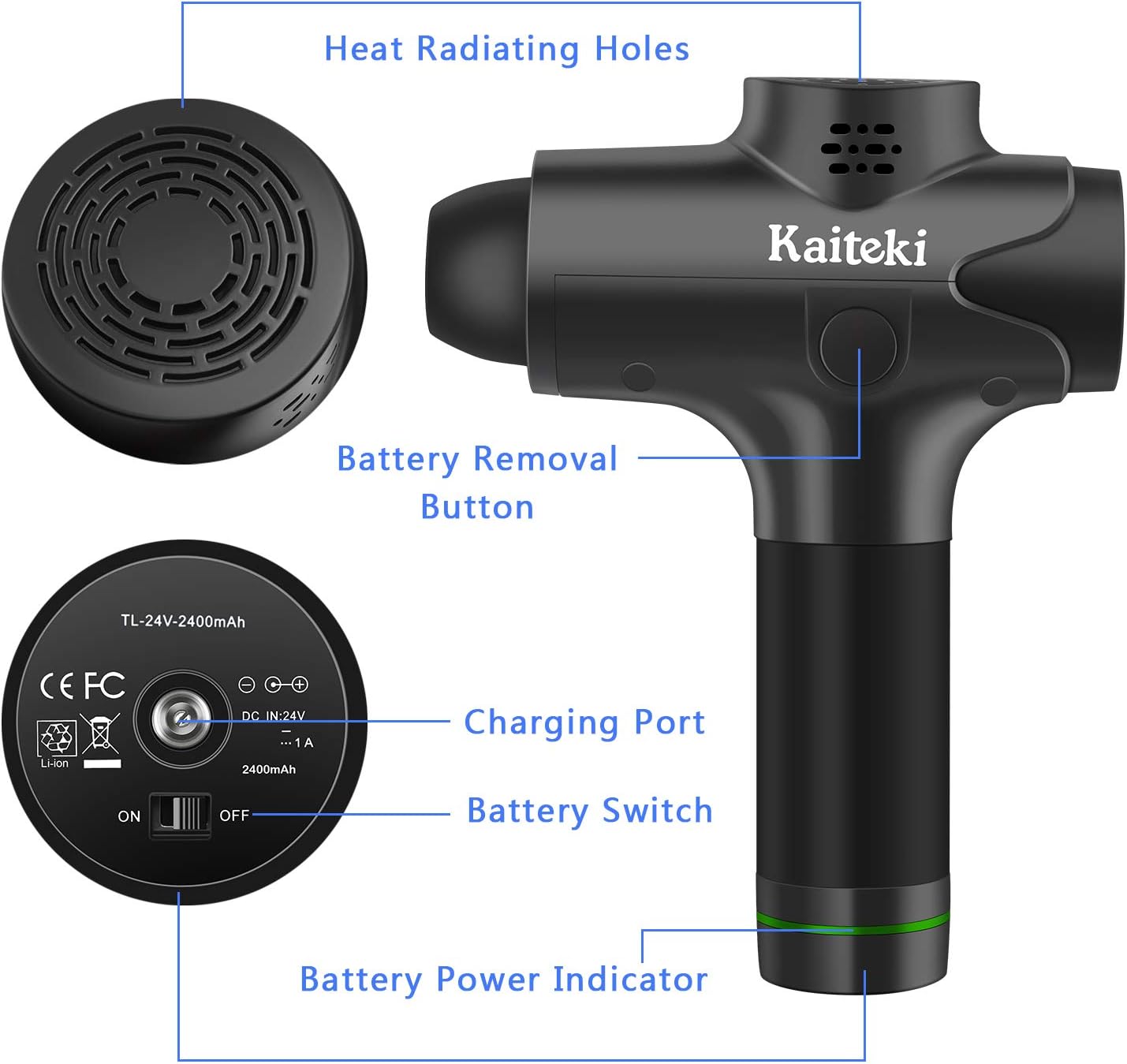 Massage Gun Back Massager - Kaiteki Deep Tissue Percussion Muscle Massager for Pain Fatigue Relief, Handheld Electric Body Massager Sports Drill Portable Super Quiet Brushless Motor (Black): Health & Personal Care
