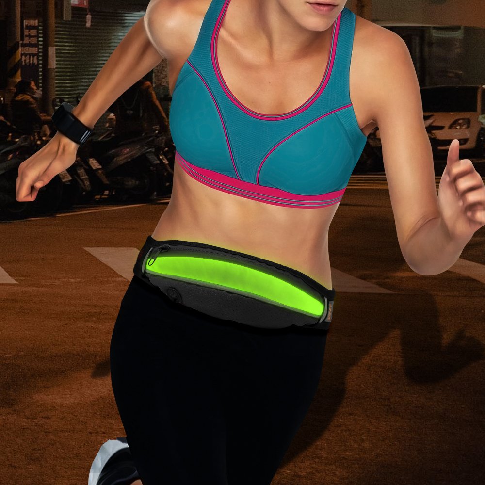 LED Runner Waist Pack, USB Rechargeable Neon Fanny Pack with Earphone Hole, Adjustable Waist Belts For Men & Women to Hold Phones, Keys, Money When Running, Hiking, Jogging