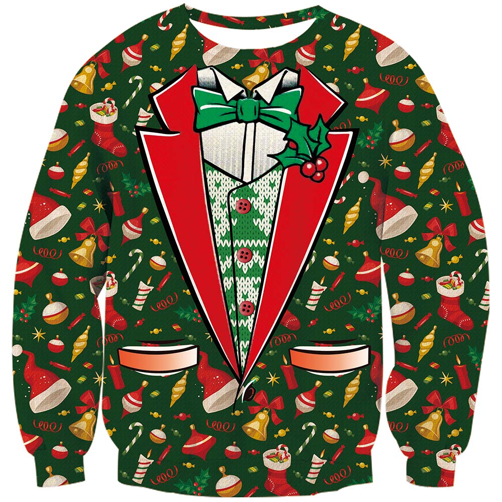 TUONROAD Ugly Birthday Christmas Sweatshirt Hilarious Fake Red White Suit Cardigan Green Bow Tie Small Gold Bells Balls Funny Xmas Holiday Party Santa Women Men Long Sleeve Pullover Sweater