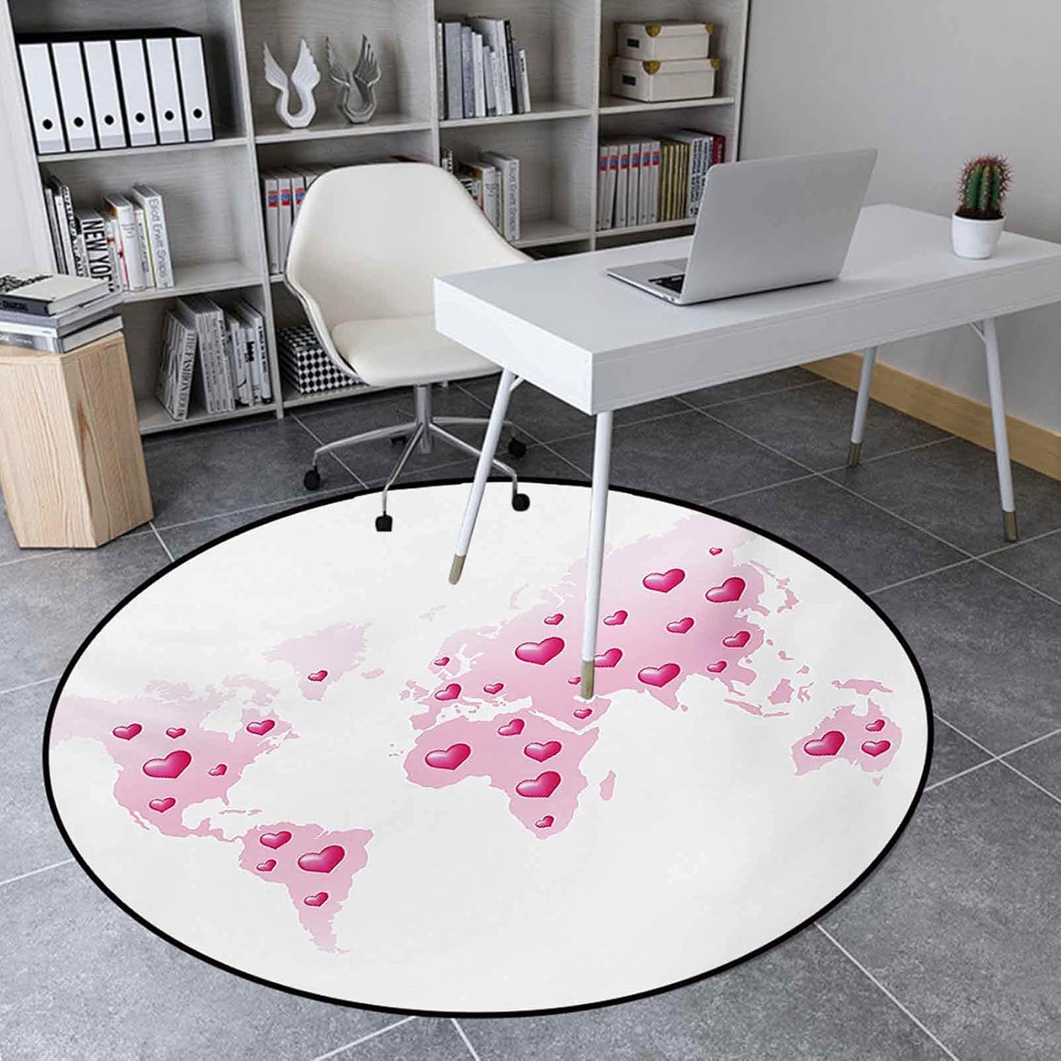 Round Rug 3.3 Ft Anti-Slip Rug Home Decor for Living Room, Global Peace Theme World Map Dotted with Hearts Love Planet Earth, Baby Pink White Fuchsia