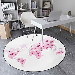 Round Rug 3.3 Ft Anti-Slip Rug Home Decor for Living Room, Global Peace Theme World Map Dotted with Hearts Love Planet Earth, Baby Pink White Fuchsia
