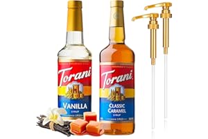 Premium Coffee Syrup Variety Pack Syrup for Coffee with 2 AlphaPantry Syrup Pump Dispenser Compatible with Torani Syrup 25.4 Ounces for Flavored Coffee (Vanilla & Classic Caramel)