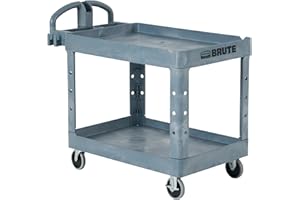 Rubbermaid Commercial Products BRUTE Heavy Duty 2-Shelf Utility/Service Cart, Medium, Lipped Shelves, Ergonomic Handle, 500 lbs. Capacity, Gray, for Warehouse/Garage/Cleaning/Maintenance/Stadiums