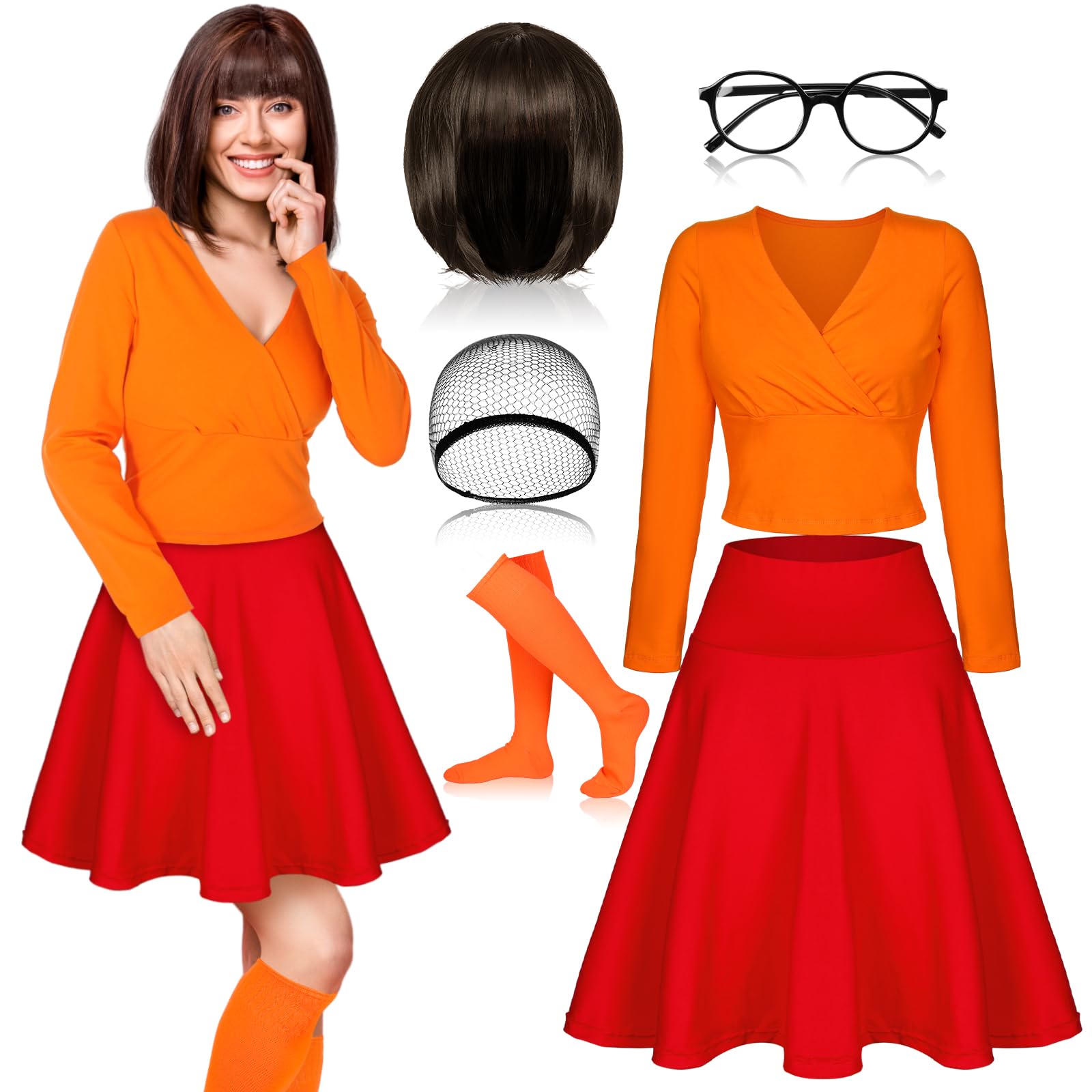 Photo 1 of Retisee 6 Pcs Halloween Adults Costume for Women Cosplay Orange Top Red Skater Skirt Brown Bob Wig Socks Glasses Costume(X-Large)
