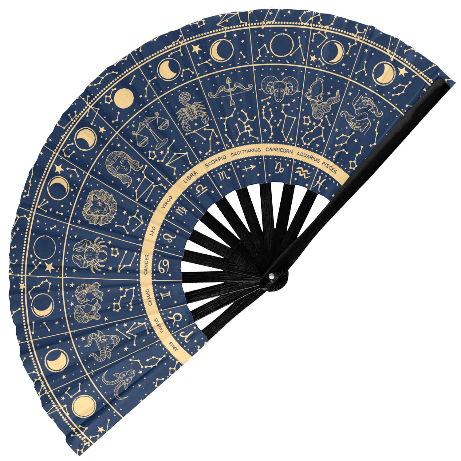 GloFX Rave Fan - Zodiac Signs - Large Folding Hand Fan Astrological Signs Designs for Festival Outfits, Cosmic Events - Perfect Accessory for Astrology Enthusiasts and Stargazers