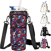 Tzuoieo Water Bottle Holder with Strap for Stanley 40oz Tumbler with Handle, Water Bottle Carrier Bag with Phone Pocket, Wrap Around Drink Pocket Carrier with Adjustable Shoulder Strap & Carabiner