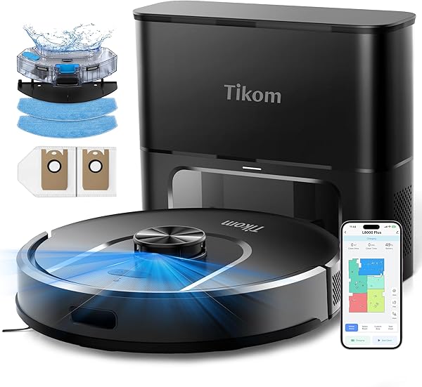 Tikom Saugroboter mit Wischfunktion 6000Pa, L8000 Plus Staubsauger Roboter mit Absaugstation, 90-Tage Freihändig, Mapping, WLAN/App, LiDAR-Navigation Staubsaugroboter für Tierhaare, Teppich, Hartboden