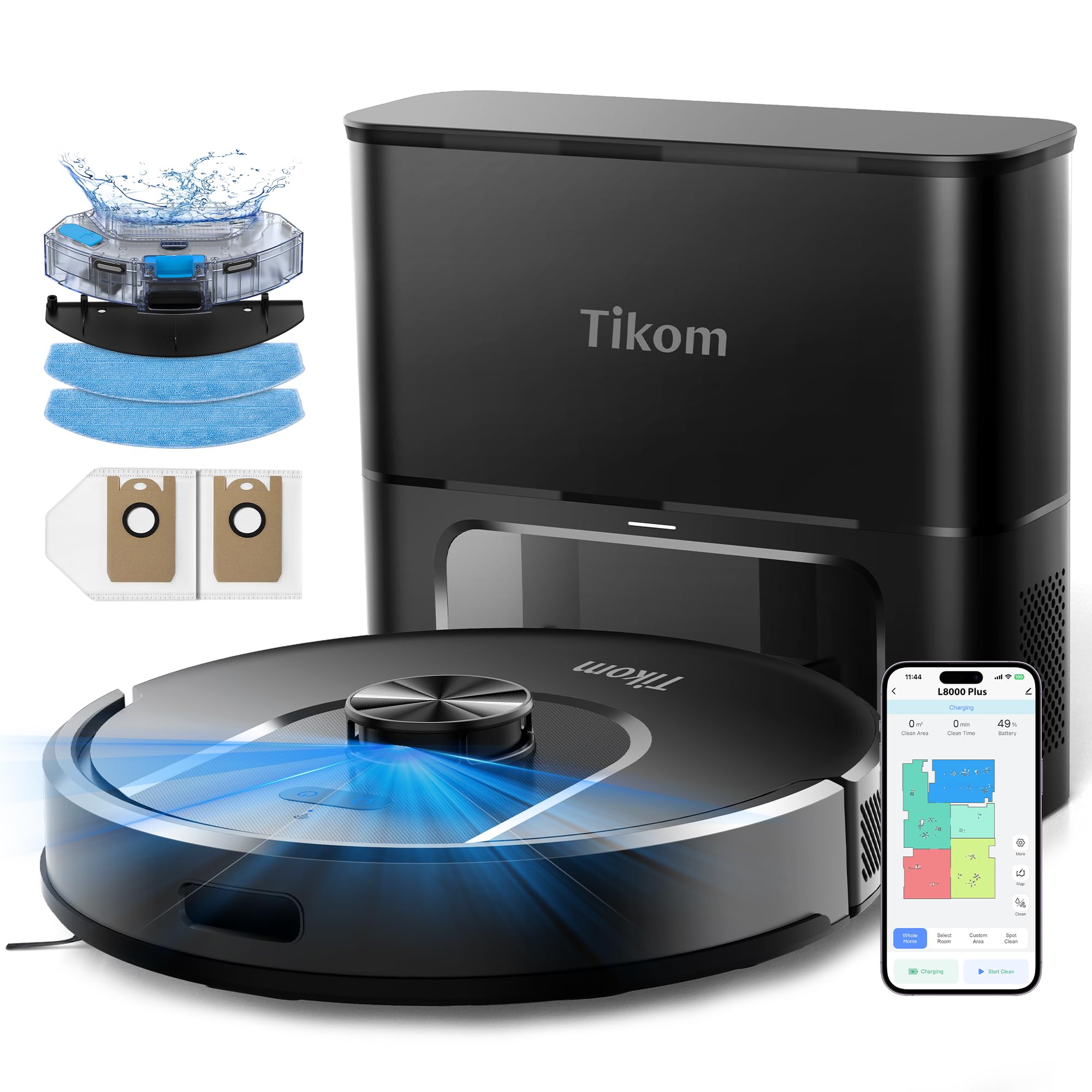 Tikom Robot Vacuum and Mop, 6000Pa Robotic Vacuum Cleaner with Self-Emptying Base, 90 Days Capacity, LiDAR Navigation, Home Mapping, Ideal for Pet Hair, Hard Floors, Carpet (L8000 Plus)