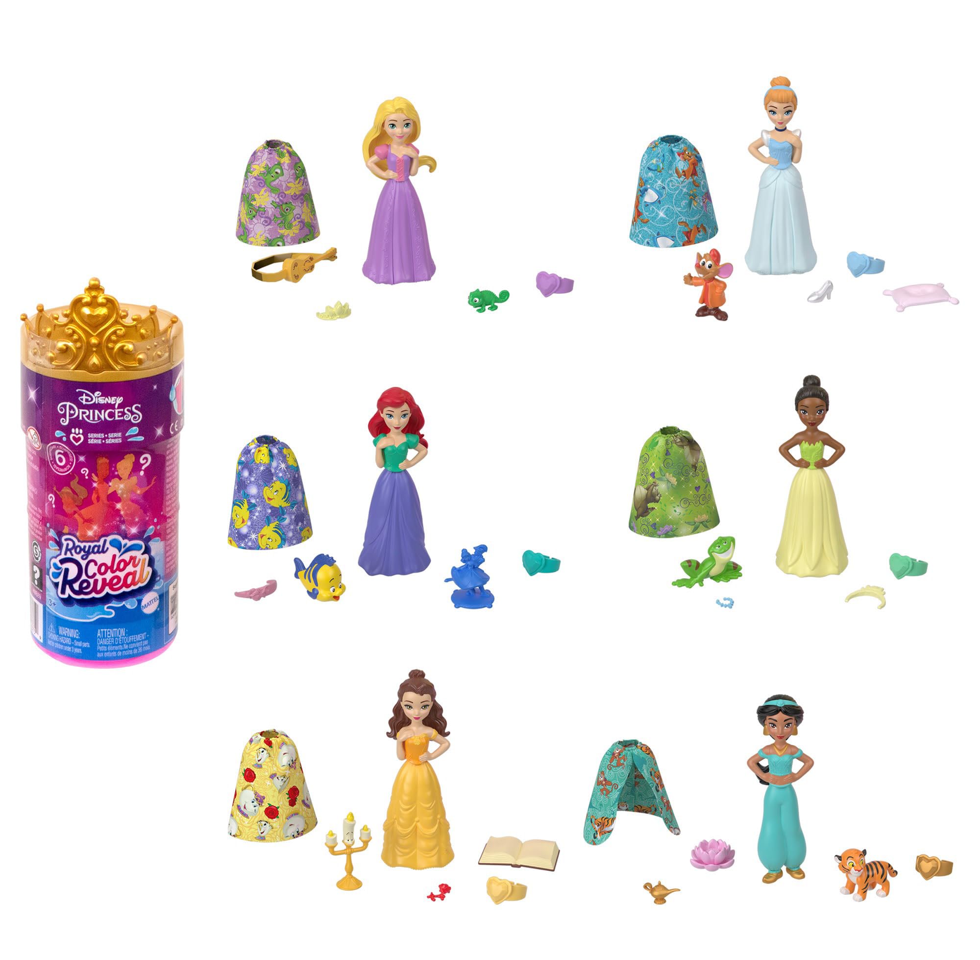 ​Disney Princess Toys, Royal Color Reveal Doll with 6 Unboxing Surprises, Friend Series with Character Figure, Inspired by Disney Movies, HMB69
