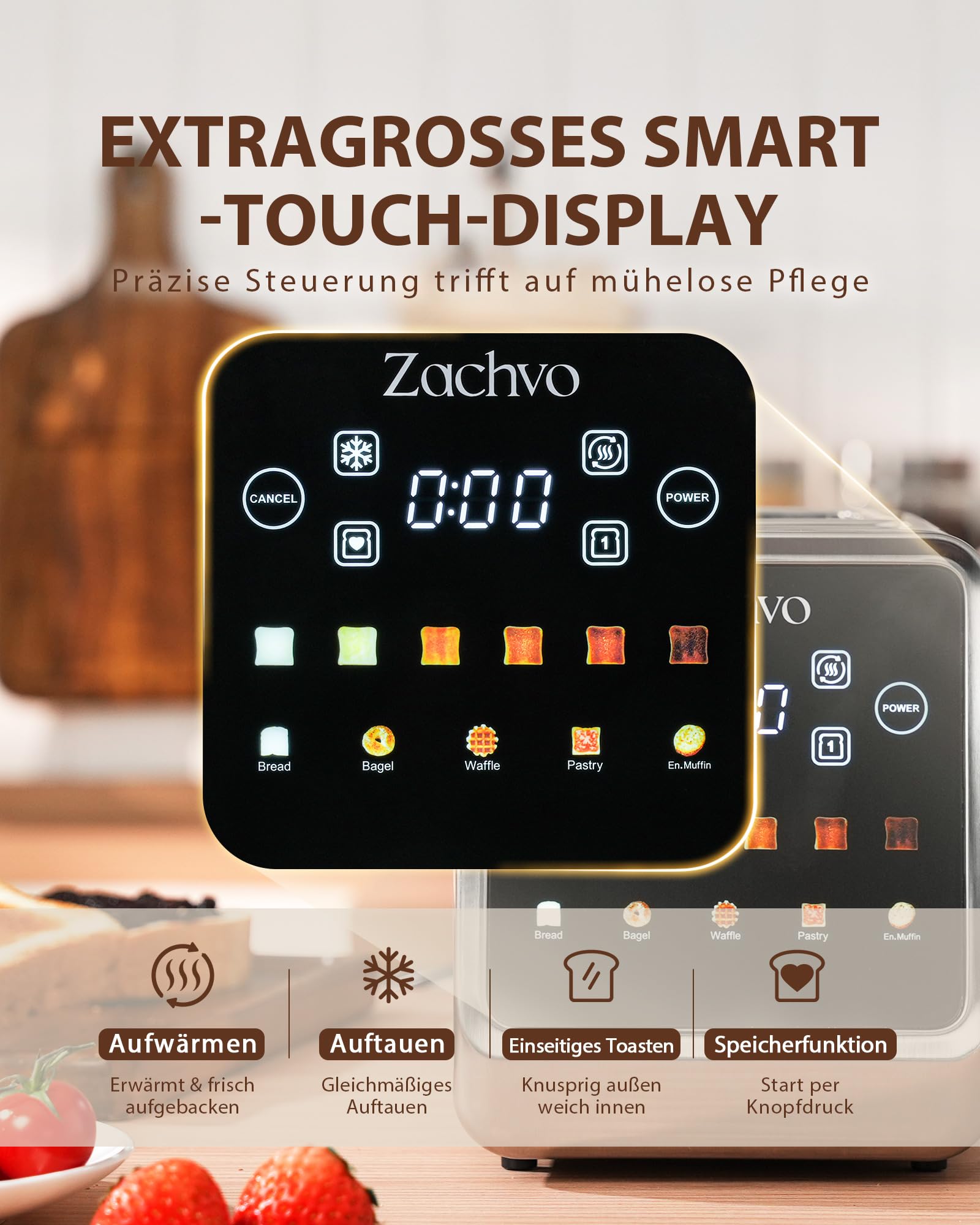 ZACHVO Toaster 2 Scheiben Edelstahl mit Smart Touchscreen & LED-Countdown, Intelligente Memory-Funktion, 3,5cm extra breite Schlitze, Einseitiges Rösten, inkl. Sandwich-Zange & Brötchenaufsatz, 850W 3