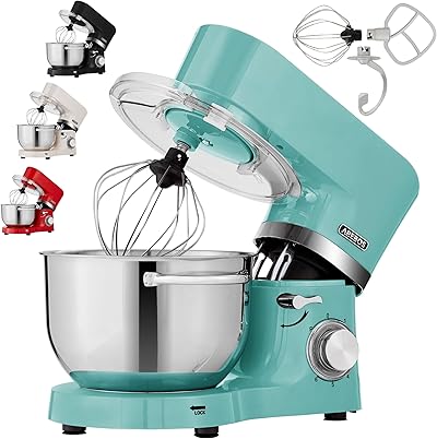 Arebos Küchenmaschine 1500W Türkis | Knetmaschine mit 2x Edelstahl-Rührschüsseln 4,5 & 5,5L | Geräuscharm | Küchenmixer mit Rührhaken, Knethaken, Schlagbesen und Spritzschutz | 6 Geschwindigkeiten