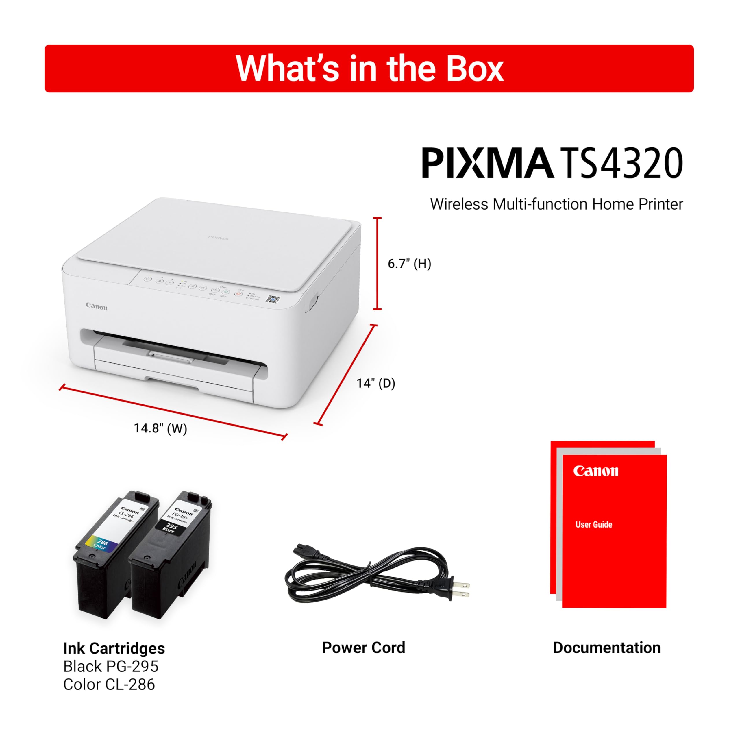 Canon PIXMA TS4320 Wireless Color Inkjet Printer for Duplex Printing, White – Cost Efficient Home Printer with Copier/Scanner, Compact Design, Easy Setup, 1 Year Limited Warranty