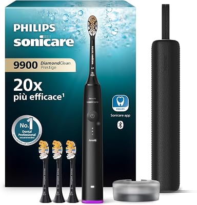 Sonicare DiamondClean 9900 Prestige- Spazzolino elettrico con tecnologia SenseIQ e app, 5 modalità di pulizia, 3 livelli di intensità, custodia da viaggio per la ricarica, nero, HX9992/43