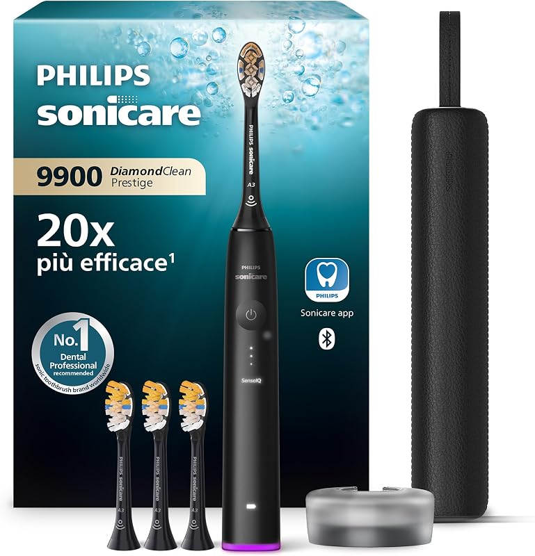 Sonicare DiamondClean 9900 Prestige- Spazzolino elettrico con tecnologia SenseIQ e app, 5 modalità di pulizia, 3 livelli di intensità, custodia da viaggio per la ricarica, nero, HX9992/43