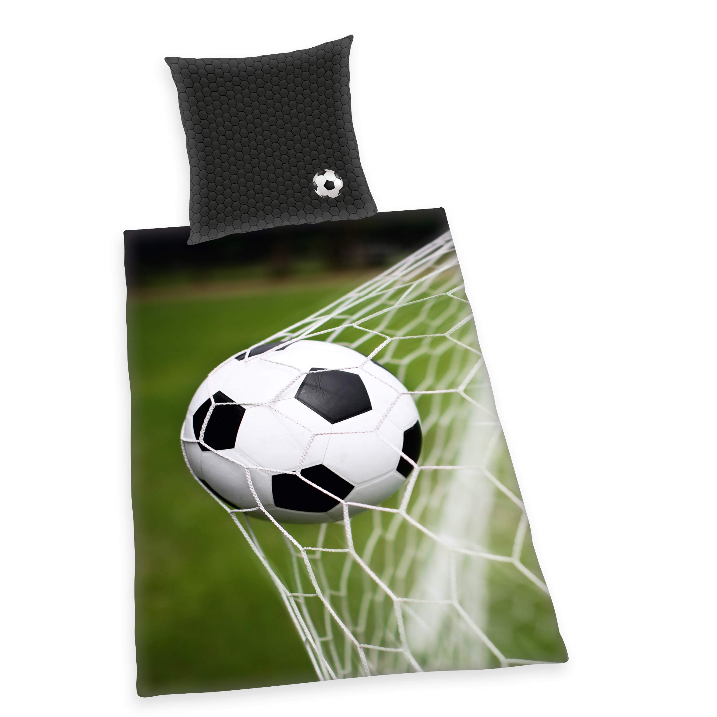 Herding Bed Linen-Set, Football, Pillow Case 70 x 90cm, Duvet Cover 140 x 200cm, 100% Cotton, Renforcé, with Smooth-Running Zipper, Green, 140 x 200 cm