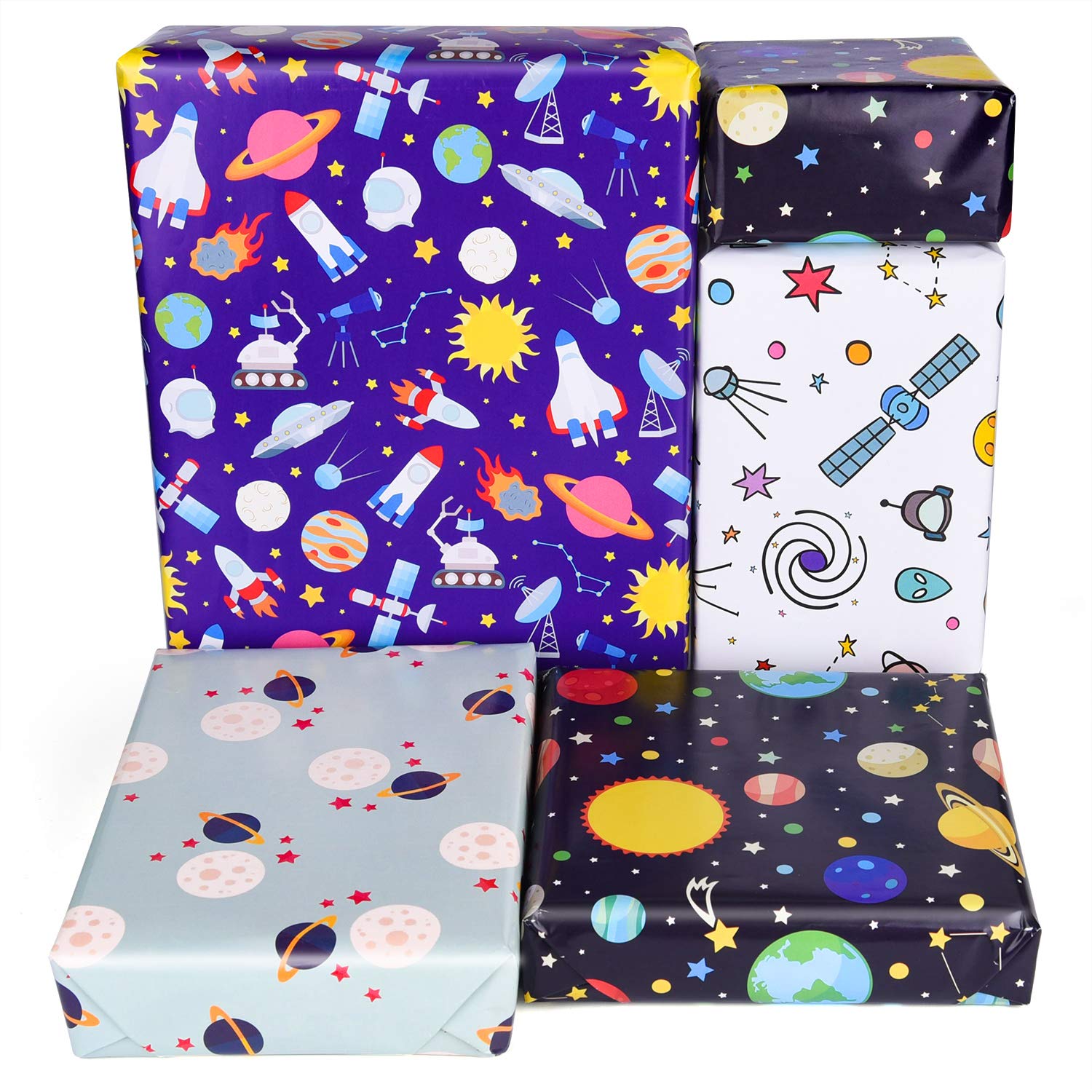 PLULON 6 Sheets Gift Wrapping Paper Birthday, Boys Outer Space Design Wrapping Paper for Kids Present Birthday Party and Baby Shower (Outer space/6 sheets)