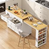 80"-48" Extendable Kitchen Island with Extended Dining Table and Power Outlet,Large Mobile Kitchen Storage Islands with 2 Storage Drawers,Rolling Islands Cart with 3 Extra Rows Open Shelves(White)