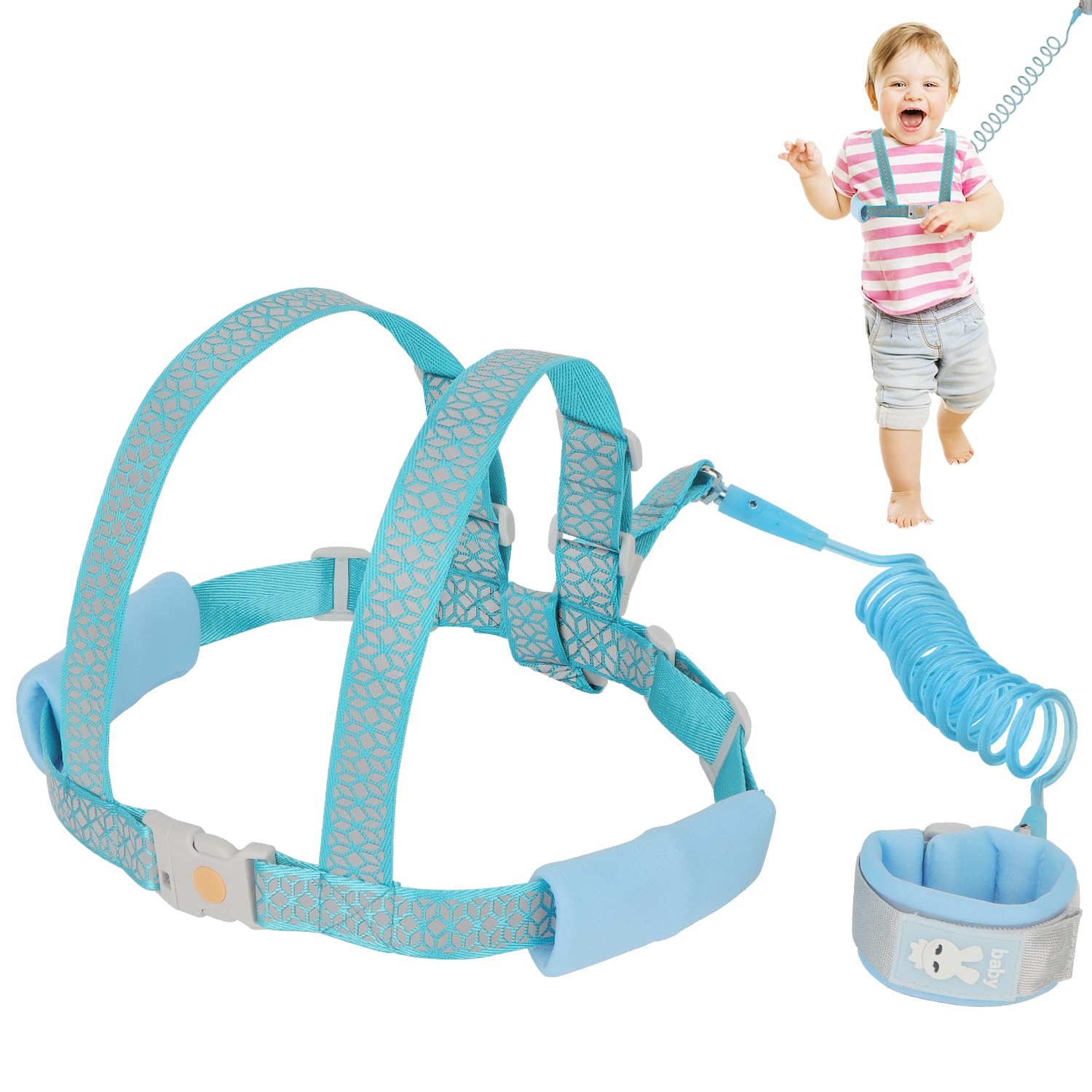 OWill Toddler Reins Walking Harness, 1-3 Years Boys and Girls, Anti Lost Wrist Reins with Luminous Effect Induction Unlocking Warning Whistle (1.5m Blue)