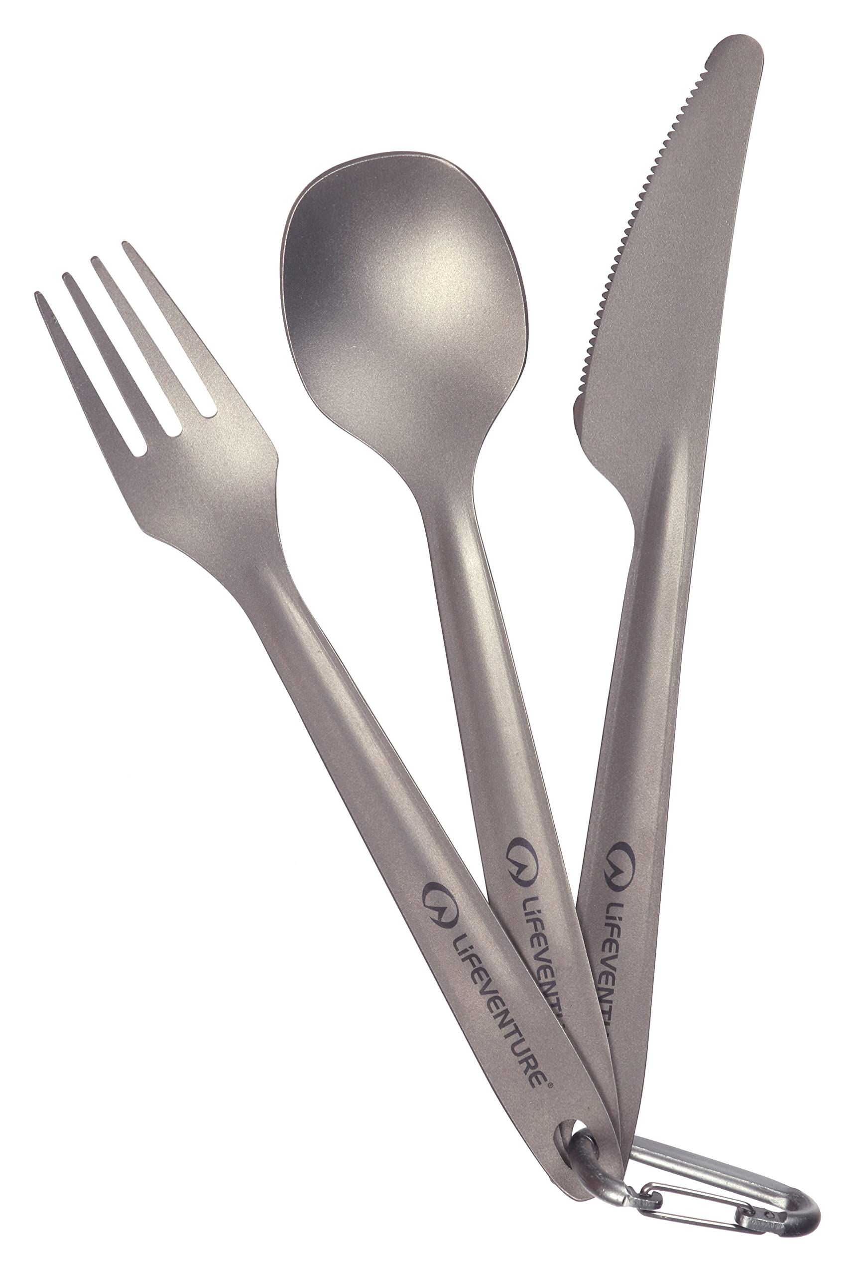 Lifeventure Superlight Titanium Camping Cutlery Set With Karabiner And Storage Pouch – Ultra Lightweight Camping Cutlery Ideal For Camping Or Travel, Silver
