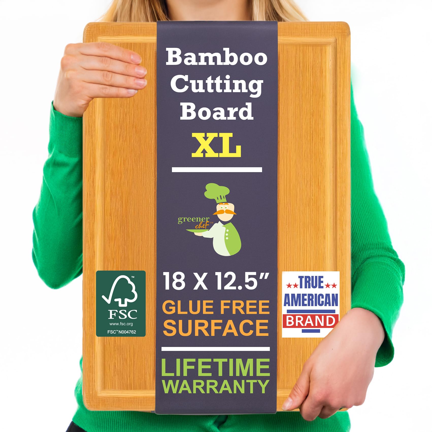 Extra Large Bamboo Cutting Board Featuring 18 Inch Wood Cutting Boards for Kitchen with Glue-Free Surface™ – Non-Toxic Wooden Chopping Boards, FSC-Certified, Durable Carving Boards - Rectangle Image