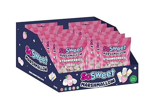 SoSweet Marshmallow Strawberries – 12 x 140g Bags of Soft, Fruity Strawberry-Flavoured Marshmallows | Great for Snacking, Desserts | Light & Fluffy Sweet Treats