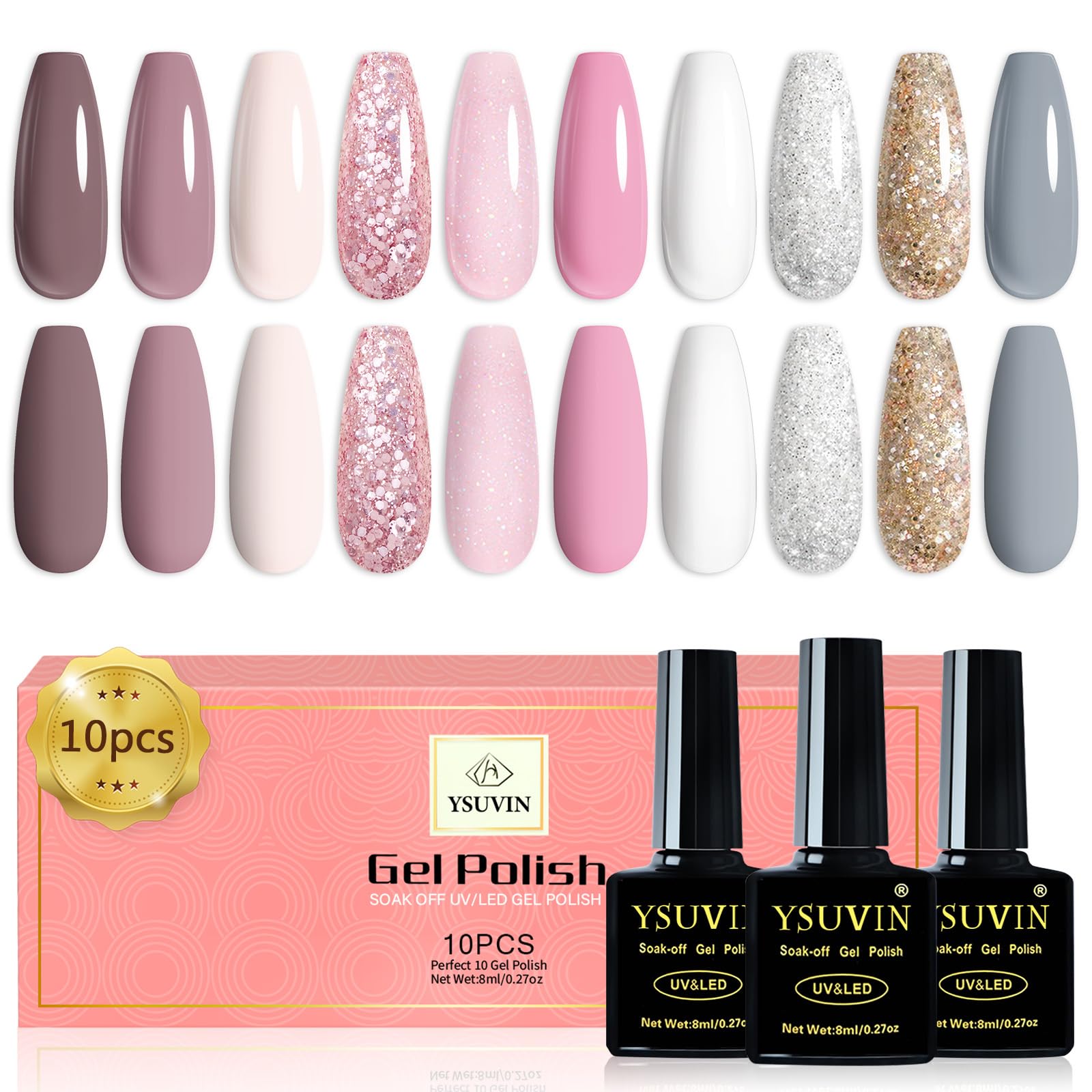 Yueshop Glitter Gel Nail Polish Set- 10 PCS Gel Nail Polish Nude Pink White Pinkbrown Gold Grey, Gel Polish Soak Off UV LED Manicure DIY Home Salon Nail Art 8ML