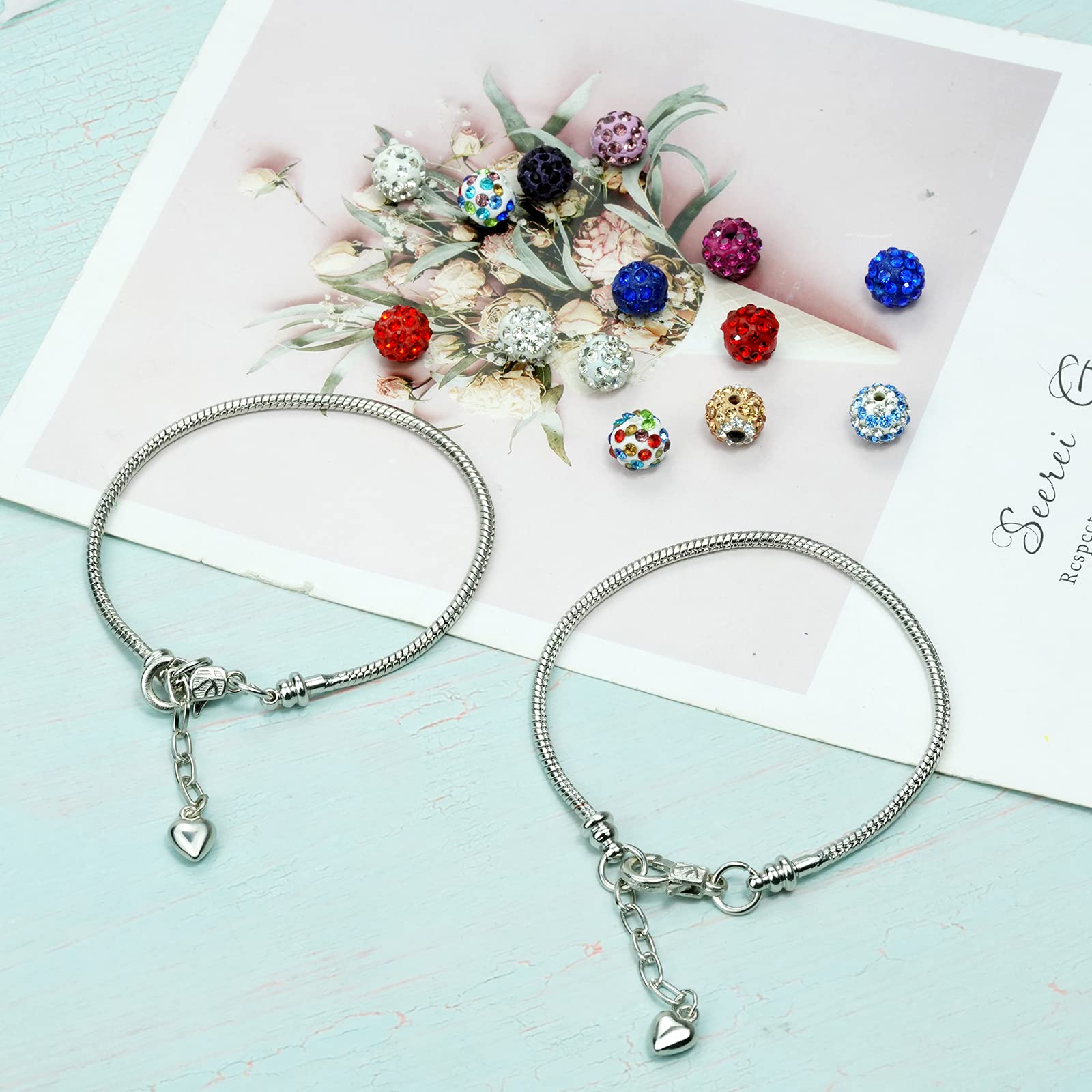 tiggell 5pcs Chain Bracelets Kit Silver Plated Snake Chain with Heart Lobster European Charm Bracelet for Christmas DIY Women Jewelry Findings Bracelet Making