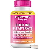 Pink Stork Choline - 550 mg Choline Bitartrate from VitaCholine for Pregnant + Postpartum Moms - Prenatal Vitamin for Fetal Cognitive Health + Breast Milk Quality - 1 Capsule Daily, 30 Count