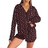Dressmine Pajama Sets for Women 2 Piece Shorts Cute Button Up Pjs Set Fall Sleepwear Long Sleeve Loungewear Sets