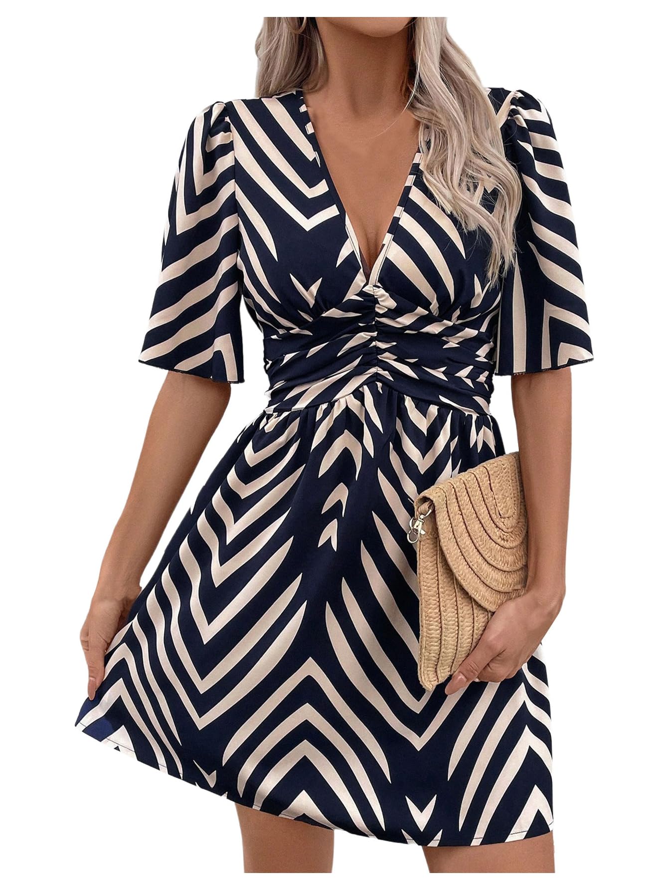 Photo 1 of SweatyRocks Women's Summer Ruffle Sleeve Deep V Neck Ruched Lighjtweight Flowy Short Dress Blue Medium