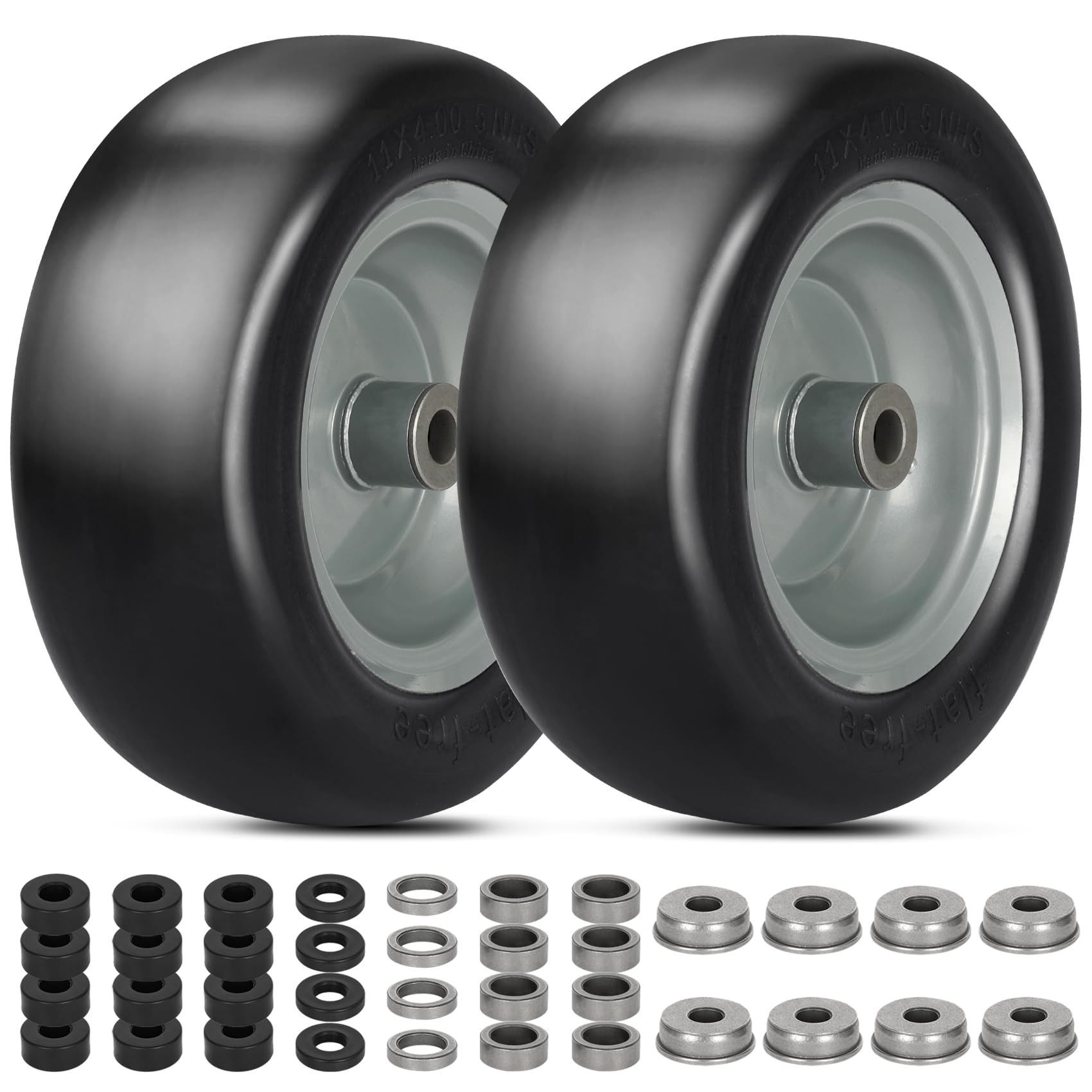 Photo 1 of 2 PCS 11x4.00-5" Lawn Mower Tires Flat Free,3/4" 5/8" 1/2" Bushing,3.4"-4"-4.5"-5" Centered Hub,Universal Fit Smooth Tread Tire for Zero Turn Lawn Mowers, with Universal Adapter Kit (Gray Rim)