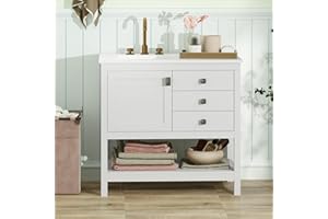 Giantex Bathroom Vanity with Ceramic Sink, 36"x19"x34" Freestanding Bathroom Cabinet with Basin, Extra Wide Granite Counterto