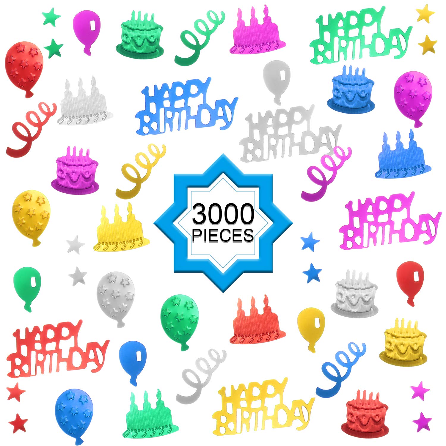 WILLBOND 3000 Pieces Happy Birthday Confetti Birthday Party Cake Confetti Metallic Foil Balloon Table Scatter Decorations for Carnival Baby Shower DIY Arts and Crafting