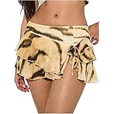 Verdusa Women's Y2K Animal Print Chiffon Ruffle Skirt Rave Slit Layered Micro Mini Skirts