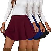 Neer 3 Pack Women's Casual Mini Skater Skirts, Stretchy Flared High Waist a Line Pleated Versatile Basic Skirts with Shorts(Wine Red, Royal Blue, Black,Large)