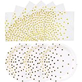 CENLBJ White Gold Paper Plates and Napkins 200Pack-100 x 7''Dessert Plates & 100 x 6.5''Napkins,Disposable Gold Foil Polka Dots Paper Plate for Birthday,Wedding,Anniversary,All Occasions