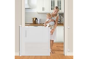 probebi Retractable Baby Gates Extra Wide, Dog Gate Extends to 55/in Wide 34/in Tall, Dog Gates for The House, Mesh Baby Gate for Staris, Hallways, Doorways, Outdoor & Indoor (White) SG021