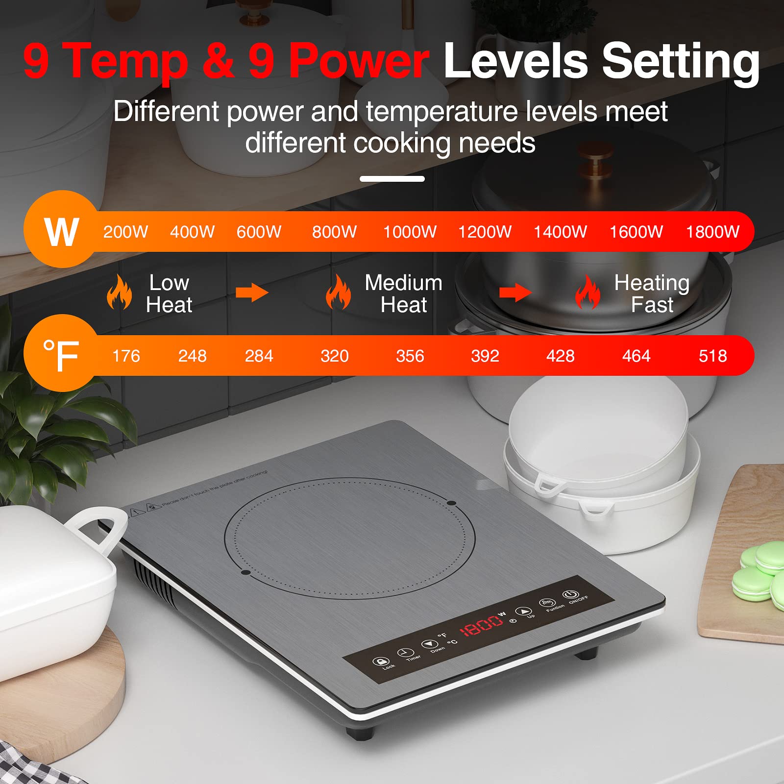 Portable Induction Cooktop 110v,1800W Countertop Single Burner Induction Hot Plate,ANHANE Electric Stove for Cooking,3-Hour Setting,Grey Crystal Glass Surface,Compatible with Magnetic Cookware