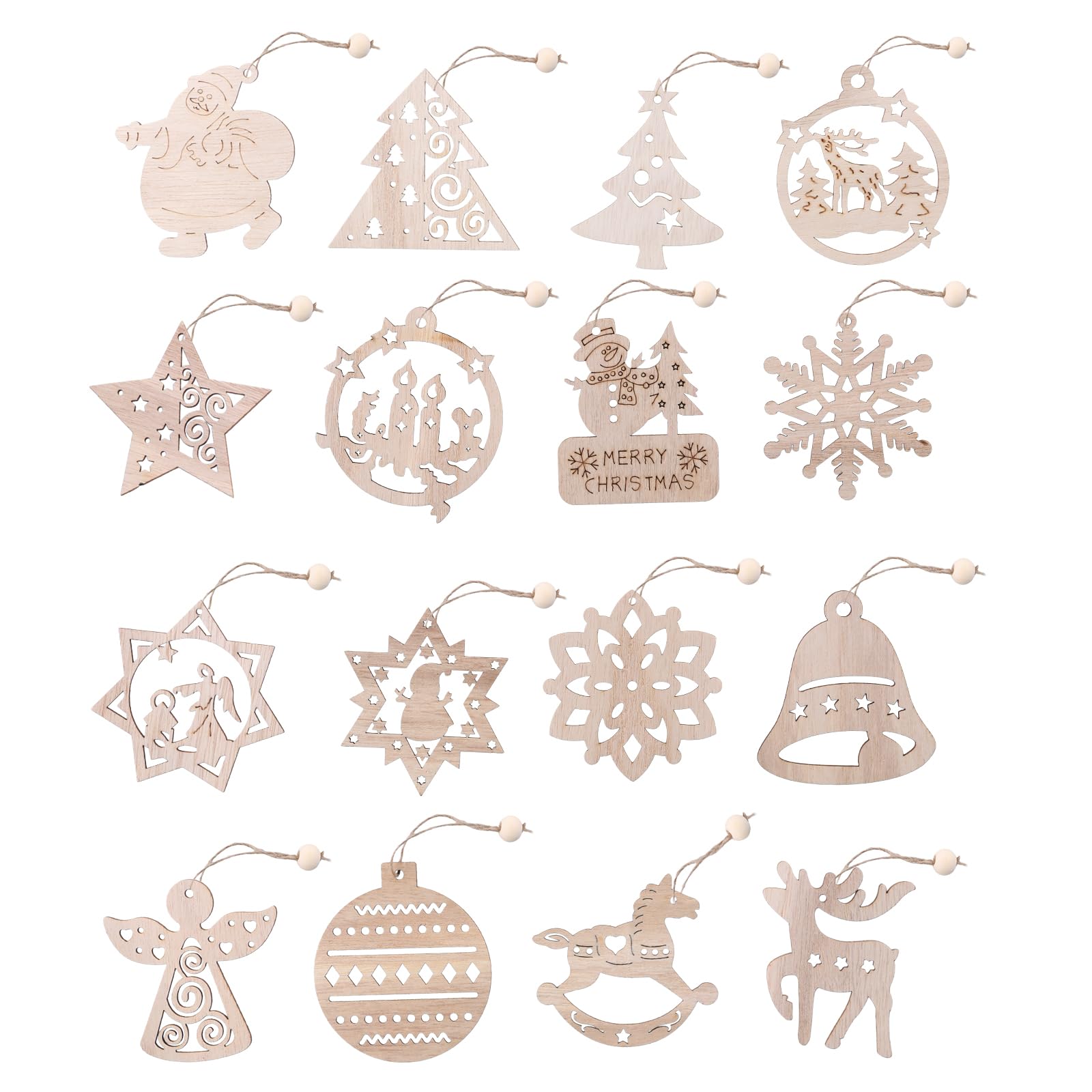 Volumoon 16 Pcs Christmas Decorations - Wooden Ornaments, Snowflakes, Snowman, Bell, Deer with Cords and Beads for DIY Crafts, Party Decor