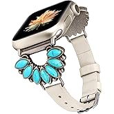 Moolia Boho Turquoise Strap Compatible with Apple Watch Band 42/41/40/38/46/45/44/49mm, Women Western Vintage Leather Strap Inlay for iWatch Series 11 10 9 8 7 6 5 4 3 2 1 SE/Ultra(1/2/3)