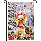 IVN Christmas Garden Flag 12x18 Inch Double Sided Yorkshire Terrier with Santa Hat and Holiday Ornaments Outdoor Yard Flag for Outside Home Front Door Lawn Porch Patio Welcome Decor