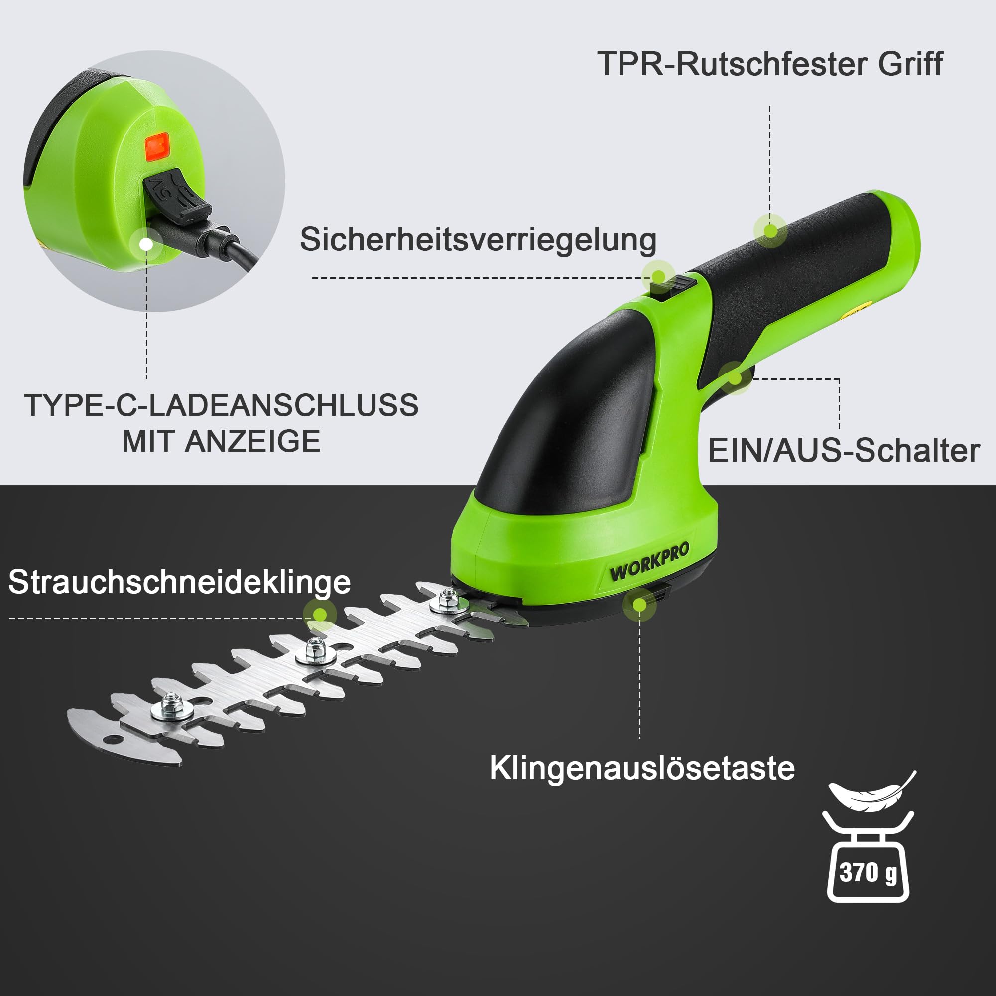 WORKPRO Gartenschere Akku 7,2V Grün, Handliche Grasschere Elektrisch 2