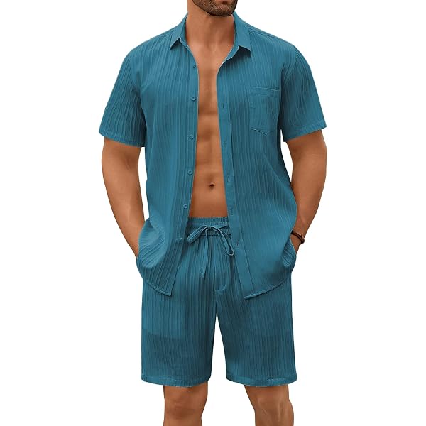 Conjunto De Verano 2 Piezas Para Hombre: Pantalones Cortos Y Camisa De Manga Corta Con Botones, Cintura Elástica, Cordón Y Bolsillos – Elegante Y Cómodo