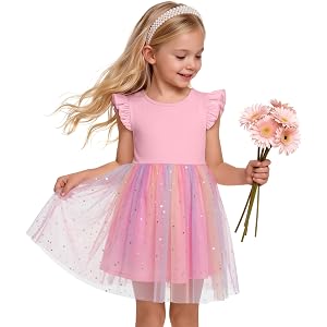 Joiceful Girls Wedding Guest Tulle Ruffle Dress | Crew Neck, Princess Tutu, Flower Dress, Ruffle Sleeve, Sundress, Birthday P