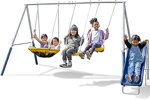 TSC - THE SWING COMPANY The Swing Company TSC-1023G Reese Galvanized Metal Swing Set: 5ft Slide, 2 Swings, Padded Saucer Swing and Anchor Kit, Capacity 500lb (5 Kids, Aged 3-8), Blue/Yellow