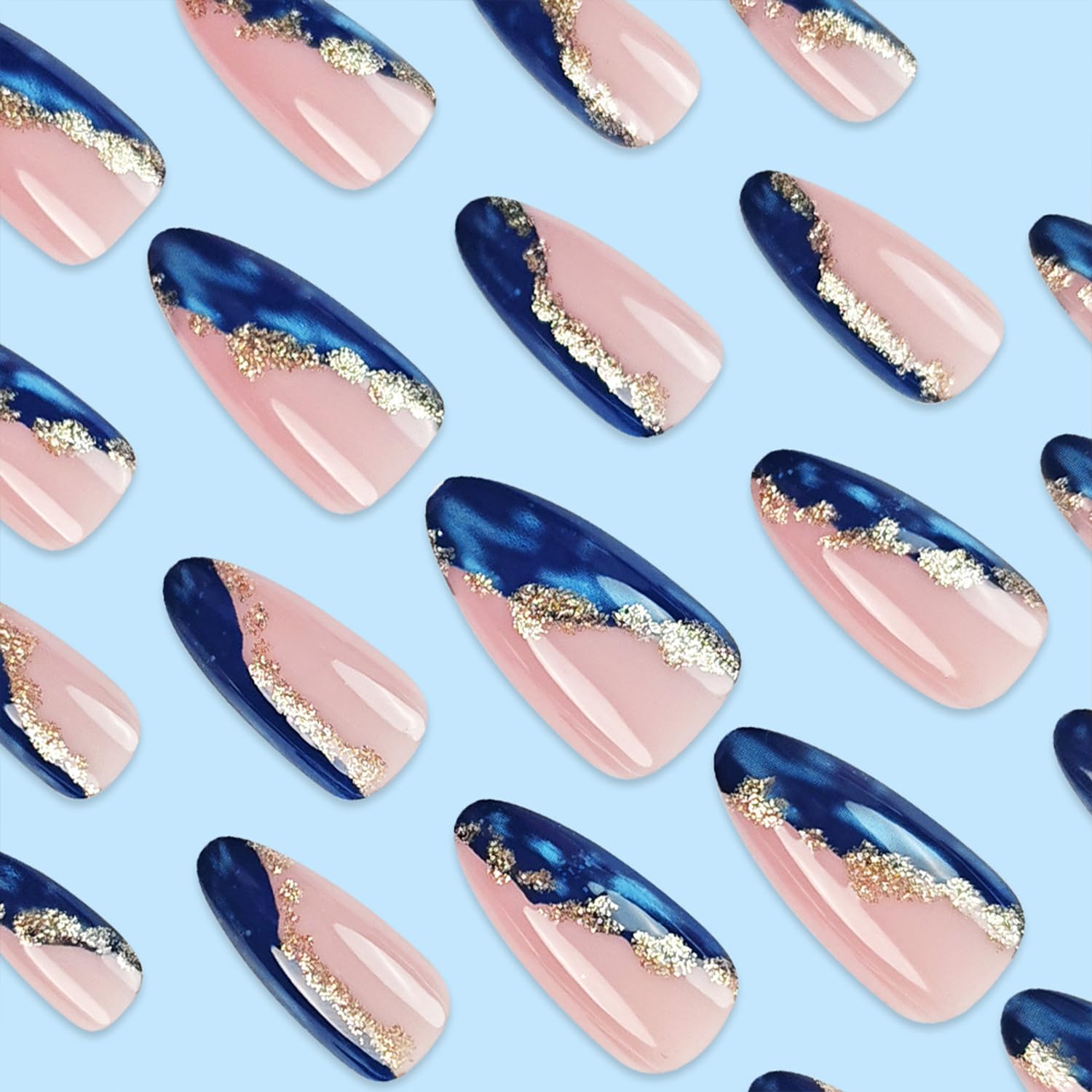 Gold Foil Blue Marble Fake Acrylic Nails Medium Almond Press on Nails Mirror Artificial Glue on Nails Full Cover Reusable False Nails for Women Girls DIY Nail Art - Image 2