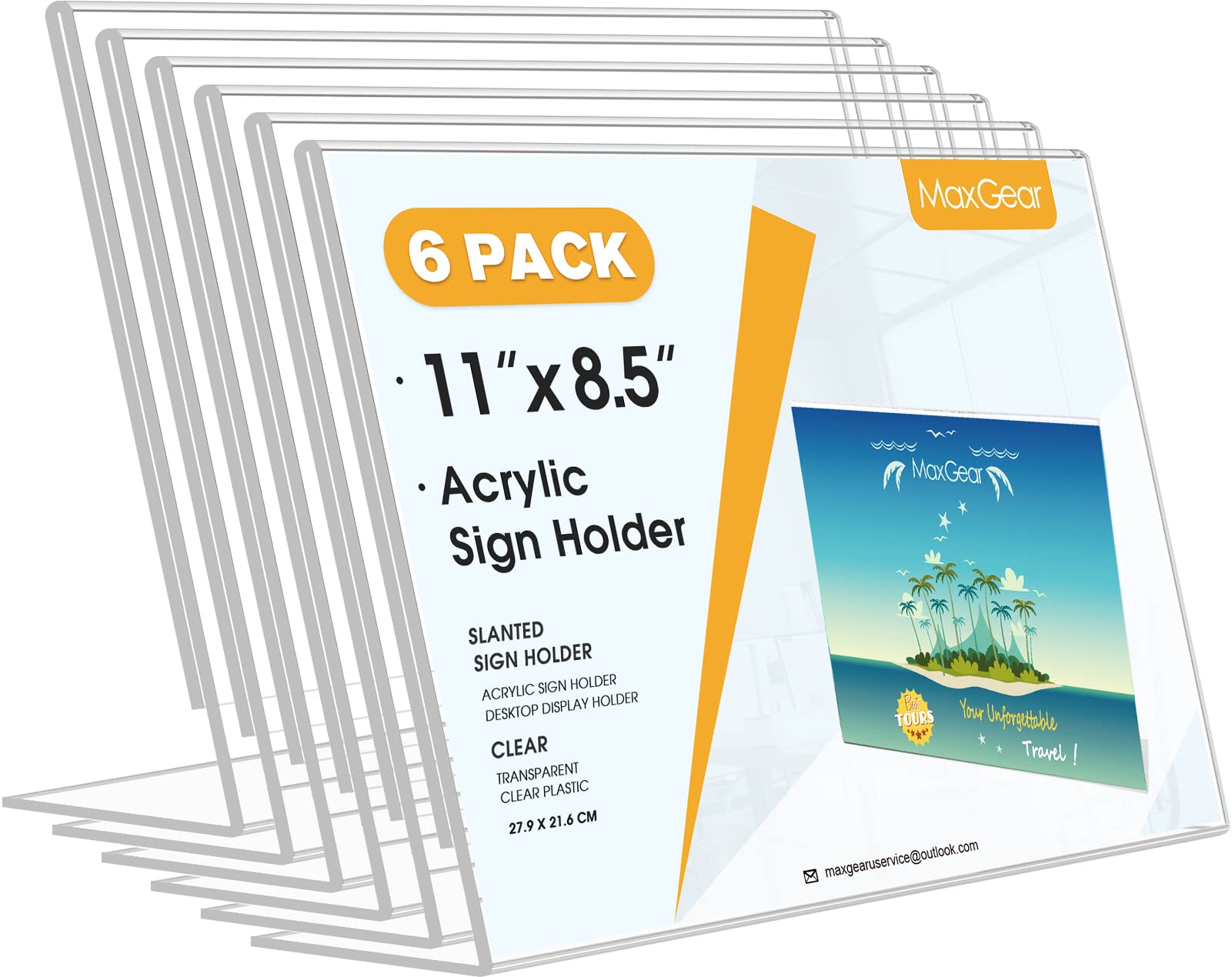 Photo 1 of MaxGear Acrylic Sign Holder 8.5x11 Inches Horizontal 6 Pack, Slant Back Clear Flyer Menu Holder Table Top Plastic Display Stands Paper Frames for Office, Store, Restaurants, Landscape