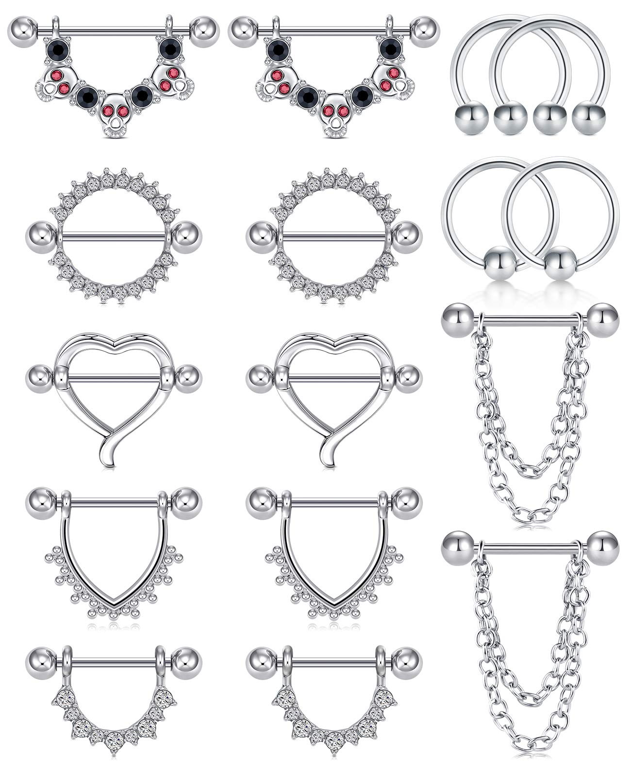 AceFun 14G Non Piercing Nipple Chain Nipple Rings Stainless Steel Nipplerings Silver CZ Heart Tongue Shield Barbell Rings Retainer Body Piercing Jewelry for Women 16mm 8 Pairs