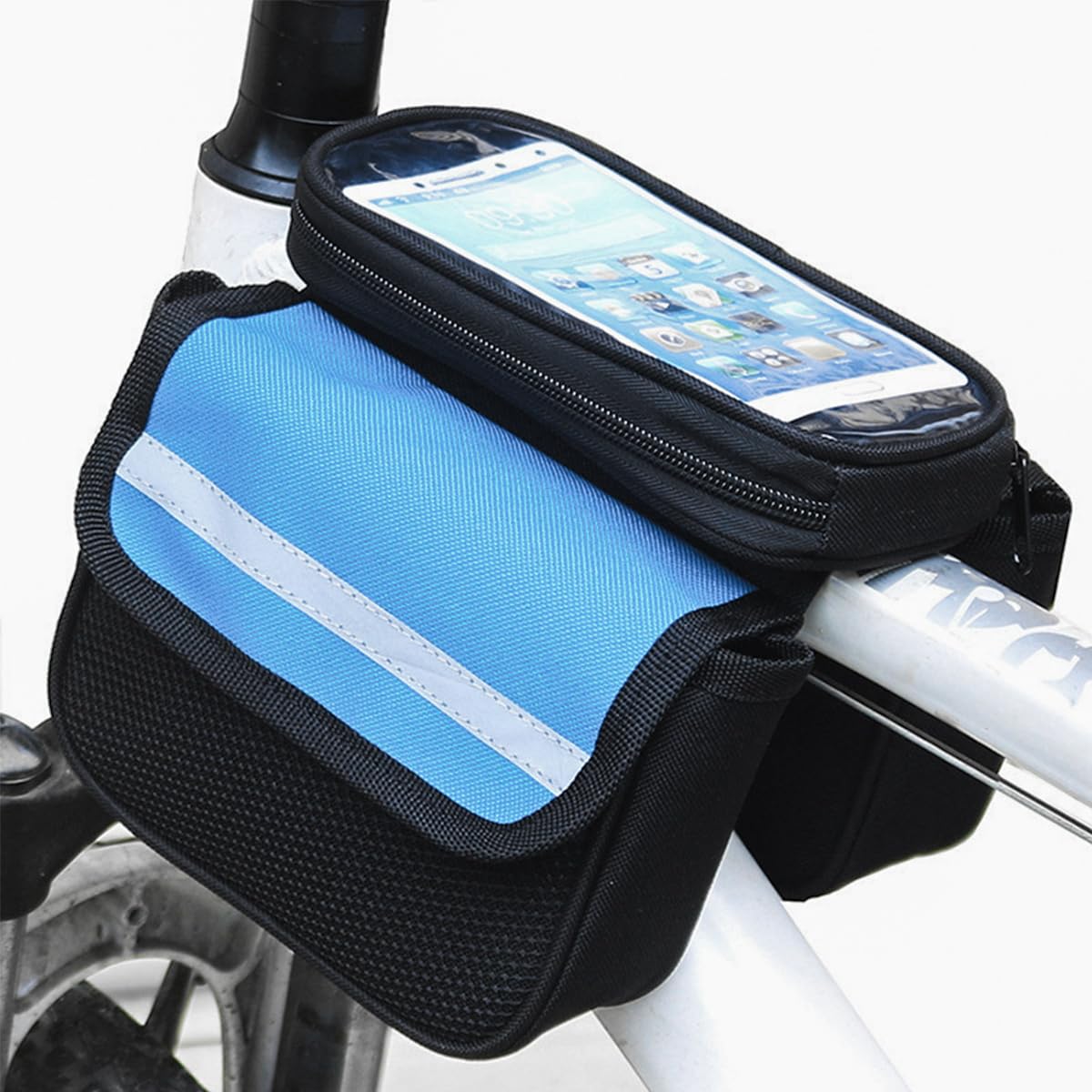 ZONADAH Bicycle Frame Bag with Phone Holder Waterproof Front Tube Storage Case Cycling Bike Pouch Reflective Trim Accessories