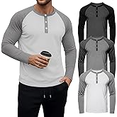 August Alley 3 Pack Men's Long Sleeve Baseball Raglan T-Shirts S-3XL, Henley Tops Sport Athletic Jersey Buttons Tee Shirts